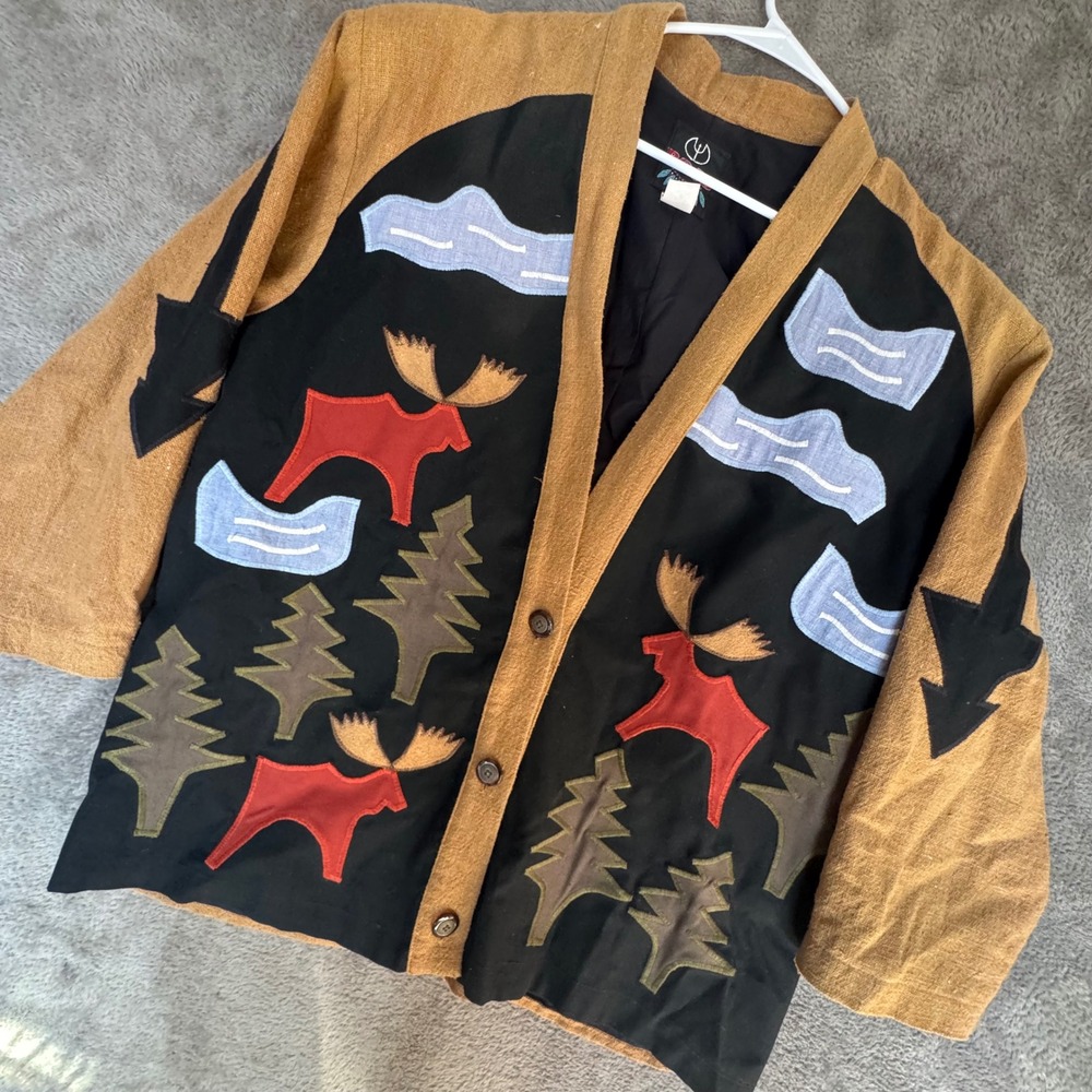Victor Rojo‎ Jacket Women Large Black Tan Patchwork Moose Pine Tree Cotton Vtg